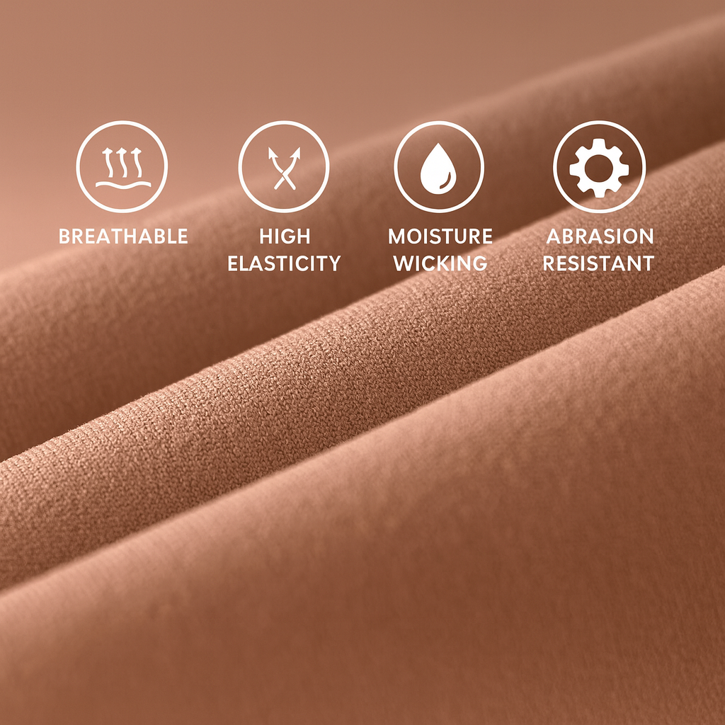Close-up of brown fabric with icons and text highlighting its properties on a brown background.