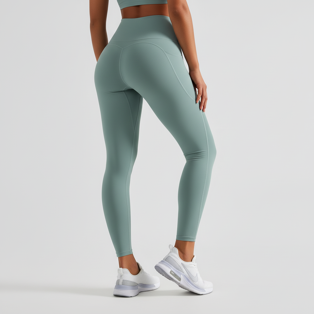 Person wearing green leggings and white sneakers on a light gray background