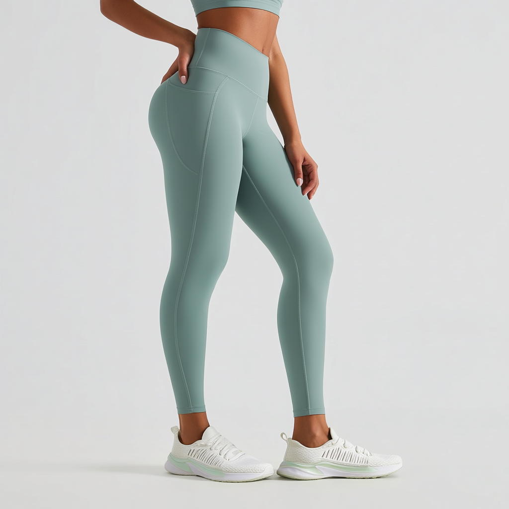 Person wearing light green leggings and white sneakers on a plain background