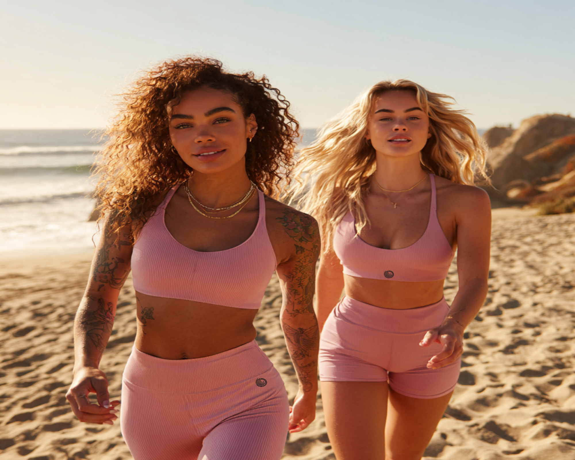 Two women in pink athletic wear walking on a beach.